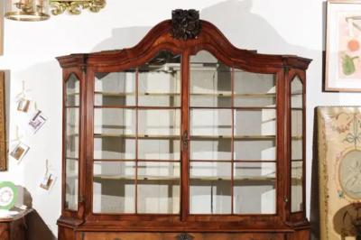 Dutch Rococo 1780s Walnut Vitrine with Bomb Chest Glass Doors Hunting Trophy