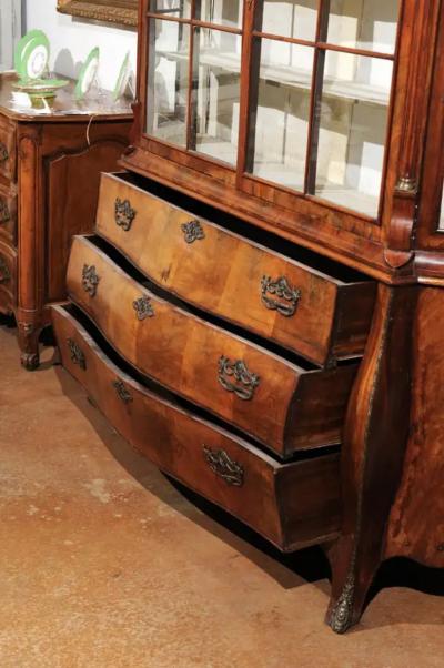 Dutch Rococo 1780s Walnut Vitrine with Bomb Chest Glass Doors Hunting Trophy