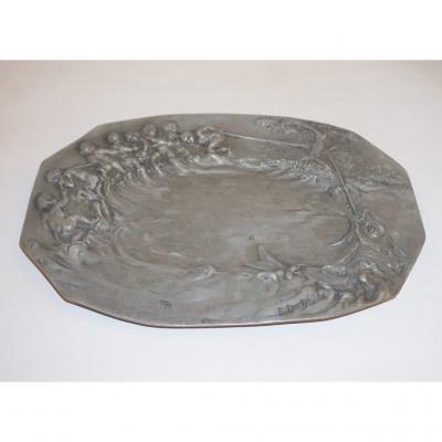 E Duchez 1900s French Art Nouveau Sculpted Pewter Dish with Fishing Putti in Relief