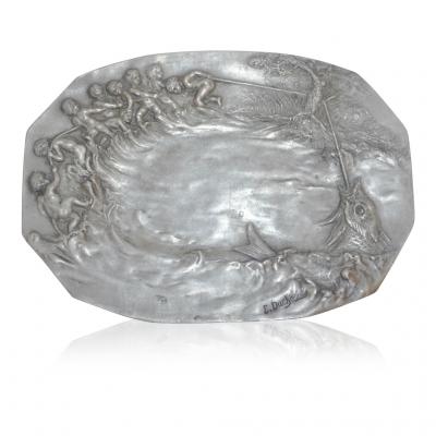 E Duchez 1900s French Art Nouveau Sculpted Pewter Dish with Fishing Putti in Relief