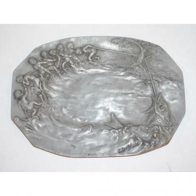 E Duchez 1900s French Art Nouveau Sculpted Pewter Dish with Fishing Putti in Relief