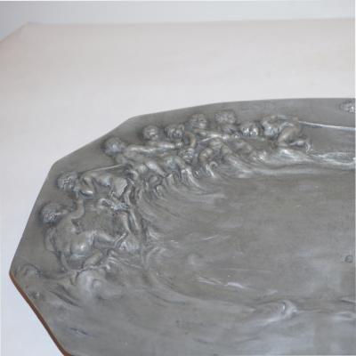 E Duchez 1900s French Art Nouveau Sculpted Pewter Dish with Fishing Putti in Relief