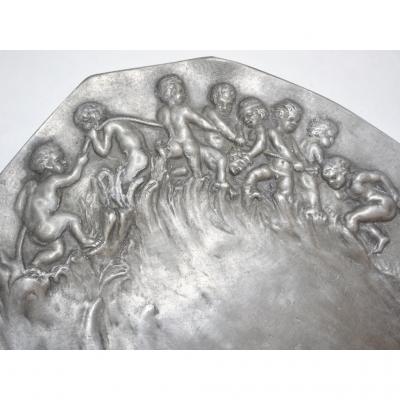 E Duchez 1900s French Art Nouveau Sculpted Pewter Dish with Fishing Putti in Relief