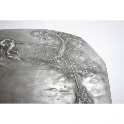 E Duchez 1900s French Art Nouveau Sculpted Pewter Dish with Fishing Putti in Relief