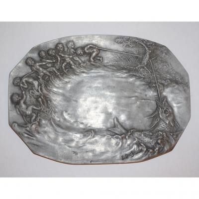 E Duchez 1900s French Art Nouveau Sculpted Pewter Dish with Fishing Putti in Relief