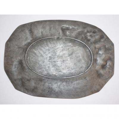 E Duchez 1900s French Art Nouveau Sculpted Pewter Dish with Fishing Putti in Relief