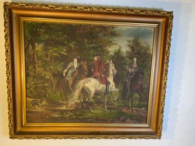 E M Rich ANTIQUE REVOLUTIONARY GENTLEMEN WITH HORSES OIL PAINTING