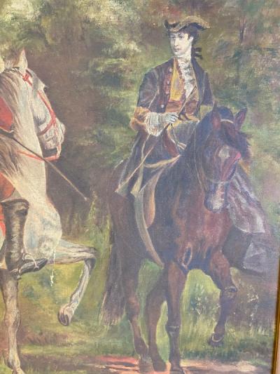 E M Rich ANTIQUE REVOLUTIONARY GENTLEMEN WITH HORSES OIL PAINTING
