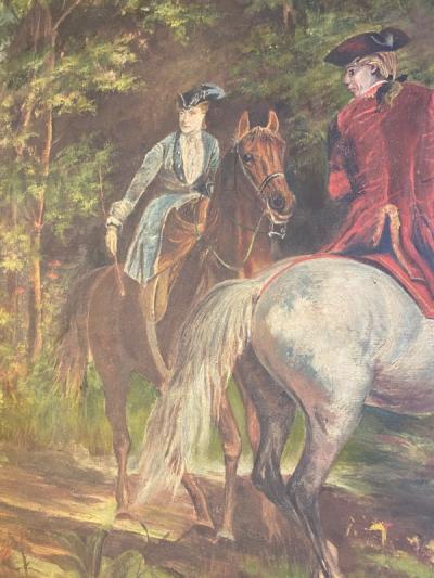E M Rich ANTIQUE REVOLUTIONARY GENTLEMEN WITH HORSES OIL PAINTING