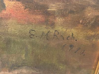 E M Rich ANTIQUE REVOLUTIONARY GENTLEMEN WITH HORSES OIL PAINTING