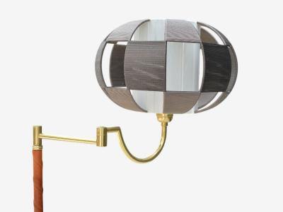E W A Swedish Modern Leather Brass Floor Lamp Sweden 1950s
