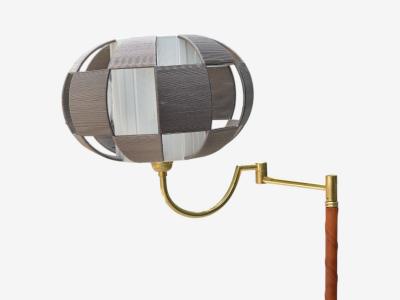 E W A Swedish Modern Leather Brass Floor Lamp Sweden 1950s