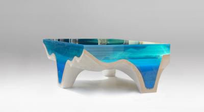 EDUARD LOCOTA Crete Dining Table by Eduard Locota Turquoise Blue Acrylic Glass and Marble