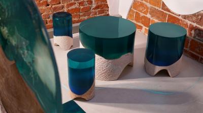 EDUARD LOCOTA Immerso Side Table Stool Eduard Locota Sculptural Design with Resin Marble