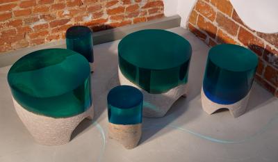 EDUARD LOCOTA Immerso Side Table Stool Eduard Locota Sculptural Design with Resin Marble