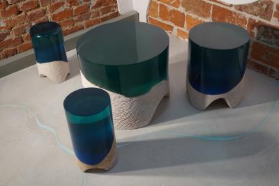 EDUARD LOCOTA Immerso Side Table Stool Eduard Locota Sculptural Design with Resin Marble