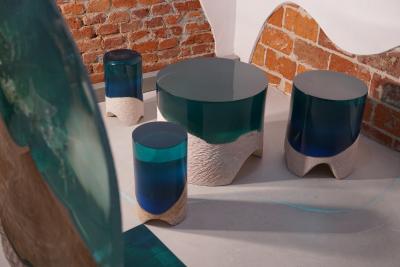 EDUARD LOCOTA Immerso Side Table Stool Eduard Locota Sculptural Design with Resin Marble