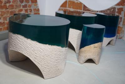 EDUARD LOCOTA Immerso Side Table Stool Eduard Locota Sculptural Design with Resin Marble