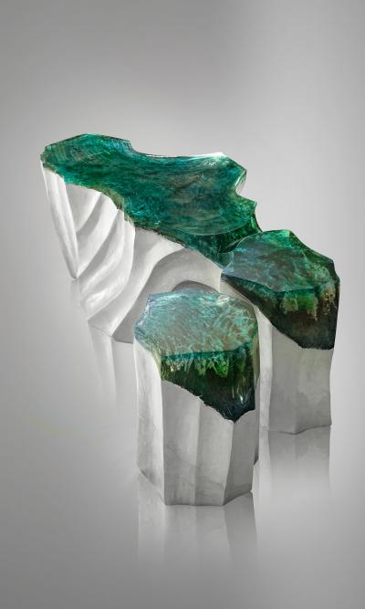 EDUARD LOCOTA La Falaise Bench Side Table Eduard Locota with turquoise green Acrylic Glass