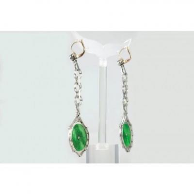 EDWARDIAN JADE DIAMOND AND ENAMEL DANGLE EARRINGS