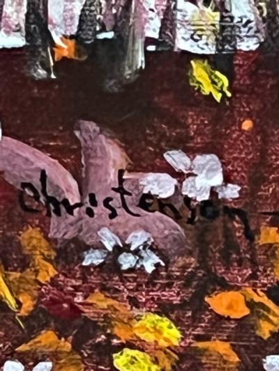 EERIE VICTORIAN MOTHER AND CHILDREN WITH BALLOON AND DOVES IN FOREST PAINTING