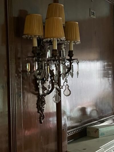 ELABORATE PAIR OF BRASS AND MULTI CRYSTAL FIVE ARM SCONCES
