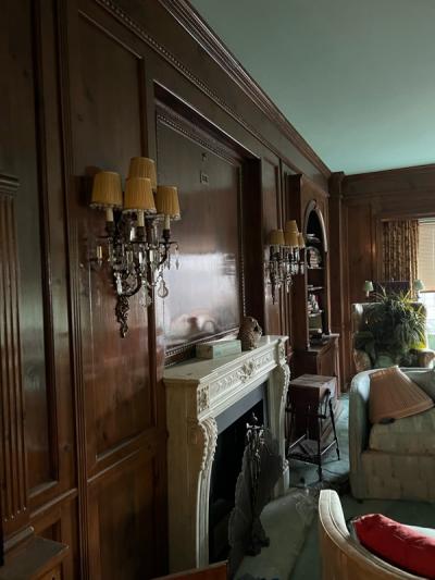 ELABORATE PAIR OF BRASS AND MULTI CRYSTAL FIVE ARM SCONCES