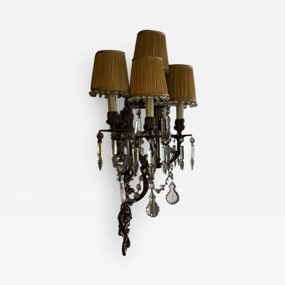 ELABORATE PAIR OF BRASS AND MULTI CRYSTAL FIVE ARM SCONCES