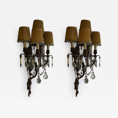 ELABORATE PAIR OF BRASS AND MULTI CRYSTAL FIVE ARM SCONCES