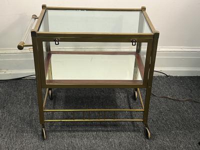 ELEGANT GERMAN ART DECO BRASS MAHOGANY AND GLASS BAR CART