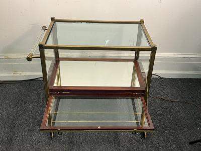 ELEGANT GERMAN ART DECO BRASS MAHOGANY AND GLASS BAR CART