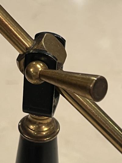 EMERALITE LIGHTING COMPANY MID CENTURY BRASS BLACK ENAMEL AND GRASSCLOTH FIBERGLASS SHADE DESK LAMP