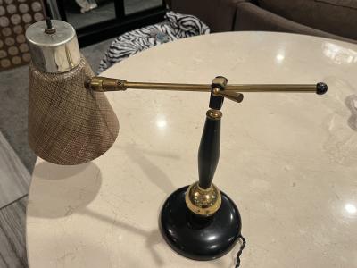 EMERALITE LIGHTING COMPANY MID CENTURY BRASS BLACK ENAMEL AND GRASSCLOTH FIBERGLASS SHADE DESK LAMP