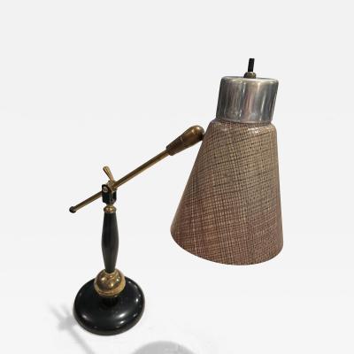 EMERALITE LIGHTING COMPANY MID CENTURY BRASS BLACK ENAMEL AND GRASSCLOTH FIBERGLASS SHADE DESK LAMP