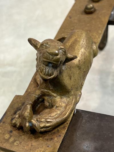 EMPIRE DORE BRONZE LIONESS AND CUB ANTIQUE ANDIRONS