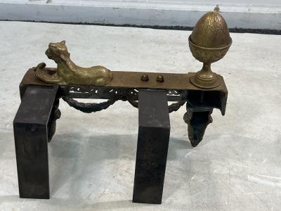 EMPIRE DORE BRONZE LIONESS AND CUB ANTIQUE ANDIRONS