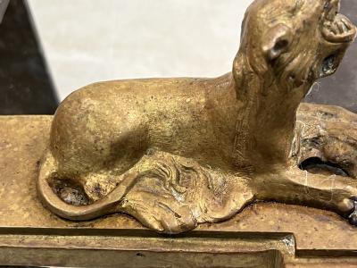 EMPIRE DORE BRONZE LIONESS AND CUB ANTIQUE ANDIRONS