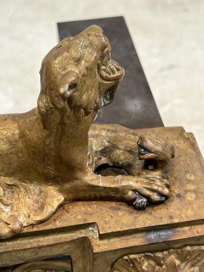 EMPIRE DORE BRONZE LIONESS AND CUB ANTIQUE ANDIRONS