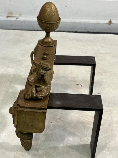 EMPIRE DORE BRONZE LIONESS AND CUB ANTIQUE ANDIRONS