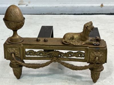EMPIRE DORE BRONZE LIONESS AND CUB ANTIQUE ANDIRONS