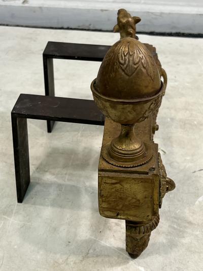 EMPIRE DORE BRONZE LIONESS AND CUB ANTIQUE ANDIRONS
