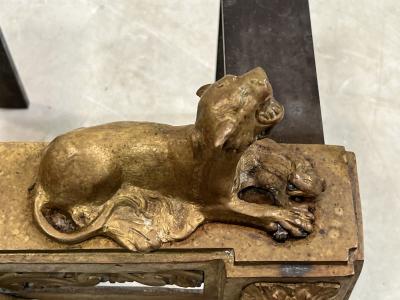 EMPIRE DORE BRONZE LIONESS AND CUB ANTIQUE ANDIRONS