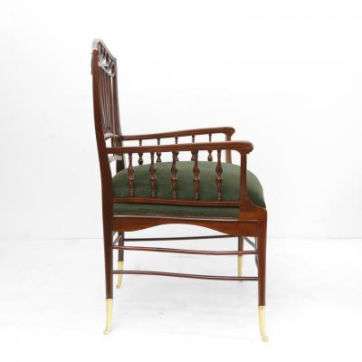 ENGLISH AESTHETIC MOVEMENT MAHOGANY ARMCHAIR WITH SUEDE SEAT 