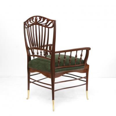 ENGLISH AESTHETIC MOVEMENT MAHOGANY ARMCHAIR WITH SUEDE SEAT 