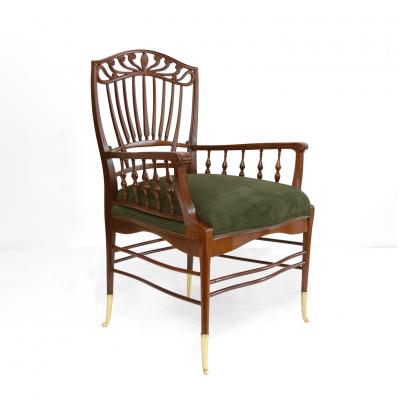 ENGLISH AESTHETIC MOVEMENT MAHOGANY ARMCHAIR WITH SUEDE SEAT 
