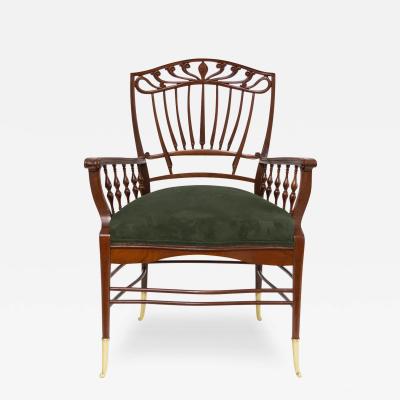 ENGLISH AESTHETIC MOVEMENT MAHOGANY ARMCHAIR WITH SUEDE SEAT 