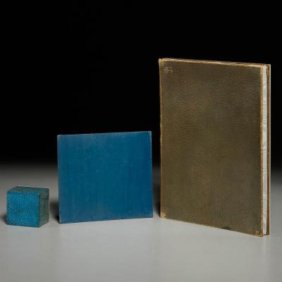 ENGLISH ART DECO SHAGREEN DESK SET FOLDER AND INKWELL