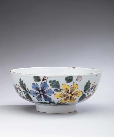 ENGLISH DELFT PUNCH BOWL DECORATED IN FAZACKERLY COLORS