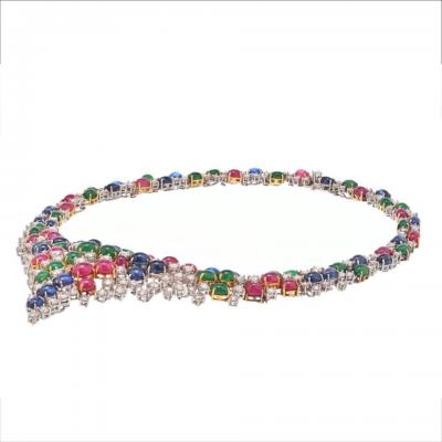 ESTATE DIAMOND CABOCHON EMERALDS SAPPHIRES AND RUBIES 38 CARAT NECKLACE
