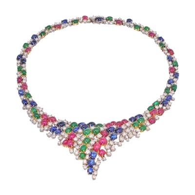 ESTATE DIAMOND CABOCHON EMERALDS SAPPHIRES AND RUBIES 38 CARAT NECKLACE